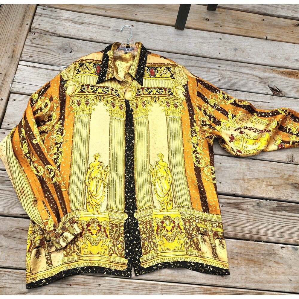 Creme De Silk Men’s XL Button Up Baroque Greek Roman Architecture Gods Palace